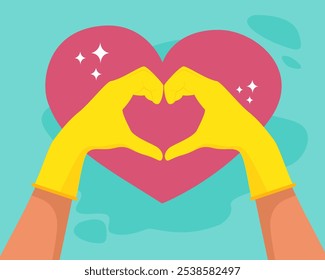 Dos guantes de goma amarillos haciendo signo de AMOR CORAZÓN. Aislado sobre fondo verde. Ilustración vectorial de estilo plano.