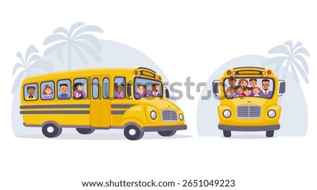 Two yellow school buses with diverse happy children and their driver. Side and front views. Cartoon flat style. Vector illustration for education, school transportation, and childhood themes. 