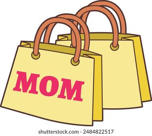 two yellow shopping bags that say 'Mom' in pink.