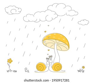 Two yellow snail hides from the summer rain under mushroom.