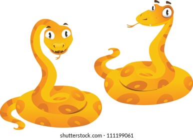 Two yellow snakes on the white background
