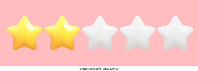 Two yellow stars glossy colors. Achievements for games. Customer rating feedback concept from client about employee of website. 3d design. Vector illustration
