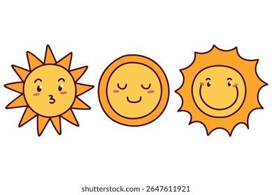 Two yellow sun characters with smiling faces and unique rays, hand drawn in playful style on a clean white background