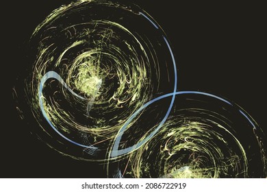 Two yellow swirls of curved glowing lines on a black background. Abstract vector image.
