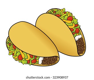 Two yellow tacos filled with lettuce, tomato, cheese, sour cream and ground beef.
