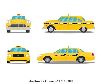 Two yellow taxi cars isolated on white background. Front and side of the car. Vector illustration in a flat style