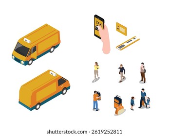 two yellow taxis and people using a mobile app to book a taxi 3d isometric vector