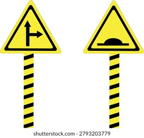 Two yellow triangular warning signs on striped poles. One shows a road junction, the other a speed bump. Isolated on white.