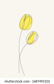 Dos tulipanos amarillos de la línea de dibujo de las flores. Ilustración vectorial