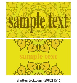 Two yellow vector business cards with ornamental mandalas, space for text.