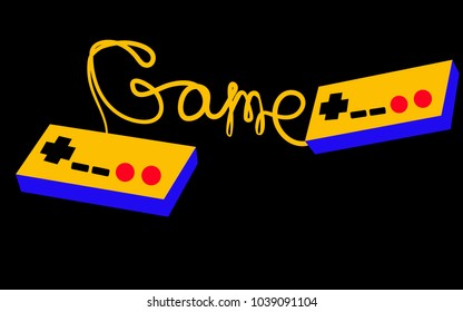 Two yellow-blue old retro hipster joysticks manipulating consoles from the 80's, 90's for video game consoles and an inscription game written by a wire on a black background. Vector illustration
