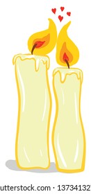 Dos velas de amor de color amarillo colocadas unas cerca de otras son luces brillantes contra un fondo blanco con pocos humos de color rojo en forma de corazón dibujos de color vectorial o ilustración 