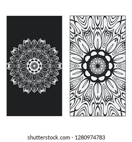 two Yoga card, flyer, poster. Template with mandala for spiritual retreat or yoga studio. Business cards, oriental pattern. Vector illustration. Islam, arabic, indian, ottoman motifs. Black, white.