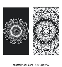 two Yoga card, flyer, poster. Template with mandala for spiritual retreat or yoga studio. Business cards, oriental pattern. Vector illustration. Islam, arabic, indian, ottoman motifs. Black, white.