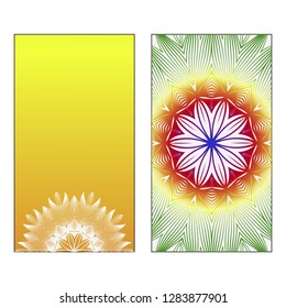 Two Yoga card, flyer, poster. Template with mandala for spiritual retreat or yoga studio. Oriental pattern. Vector illustration. Islam, arabic, indian, ottoman motifs. Green, red, yellow color.