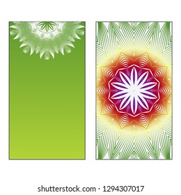 Two Yoga card, flyer, poster. Template with mandala for spiritual retreat or yoga studio. Oriental pattern. Vector illustration. Islam, arabic, indian, ottoman motifs. Green, red, yellow color.