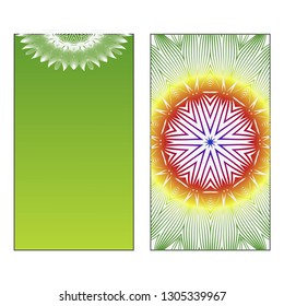 Two Yoga card, flyer, poster. Template with mandala for spiritual retreat or yoga studio. Oriental pattern. Vector illustration. Islam, arabic, indian, ottoman motifs. Green, red, yellow color.