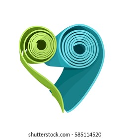 Two yoga mats stacked in the shape of heart. Green and blue colors. Vector illustration