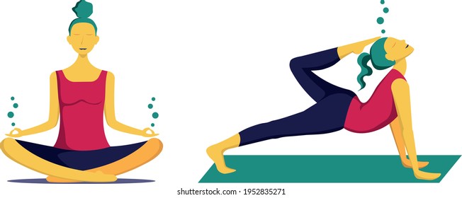 Two yoga poses sitting and streching