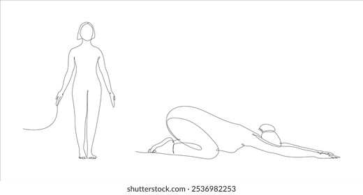 duas mulheres de ioga em estilo de design de arte de linha fazendo pose de montanha e pose de criança. linha contínua, pilates, atlético, lunge, força, atlético, mulheres, alongamento, meio fio, prancha lateral, exercício.