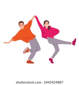 Two young active couple, boys and girls dancing contemp, hip hop. Flat vector illustration isolated on white background