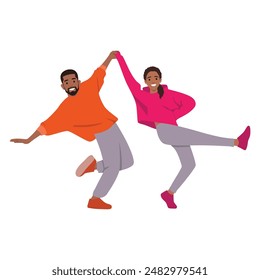 Two young active couple, boys and girls dancing contemp. Flat vector illustration isolated on white background