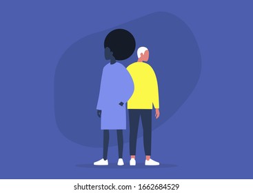 Two young adult character standing back to back, support and trust, partners