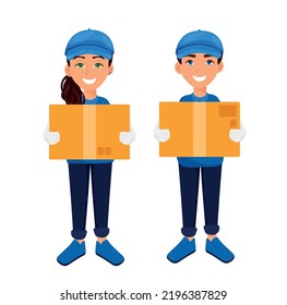 Two young adult courier concept. Young female courier in formal uniform. Transportation, fast shipping and service industry concepts. male female courier white background.