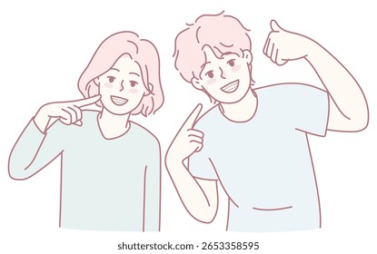 Two young adults, both smiling broadly and playfully posing together, ideal for vibrant social media themes