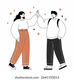 Two young adults, a girl in orange pants and a boy with a backpack, give a celebratory high five. Simple line art style.
