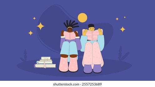 Two young adults sitting and reading books under the night sky with stars and a full moon, with a stack of books beside them. Books lovers vector concept.