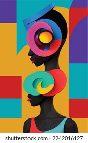 two Young African American woman. Female character with dark skin . Half of face in profile with abstract colorful background. Cartoon flat vector illustration