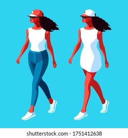 Two young african girls wearing casual summer clothes - dress, jeans, shirt, sneakers and baseball cap. Vector illustration