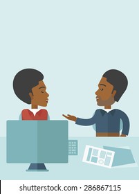 The two young african-american businessmen are talking about the marketing proposal with laptop a paper contract to be sign in the meeting room. Business partnership concept. A contemporary style with