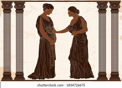 Zwei junge antike griechische Frauen in der Tunik stehen im Tempel zwischen den Säulen und sprechen.