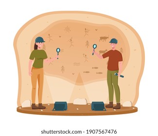Two young archeological discovering cave paintings. Male and female archeologists examining ancient drawings on cave wall. Concept of archaeological excavations. Flat cartoon vector illustration