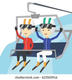 Two young asian women sitting on ski elevator. Skiers using cableway at ski resort. Skiers on cableway in mountains at winter sport resort. Vector flat design illustration isolated on white background