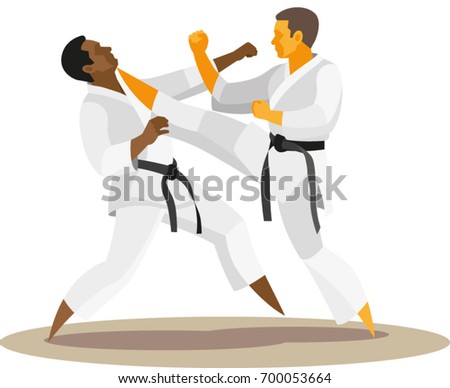 Two young athletes of the karate player participate in a duel on tatami