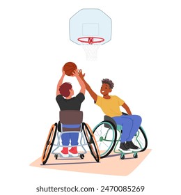 Two Young Athletes In Wheelchairs Play Basketball., Displaying Great Enthusiasm And Teamwork, They Represent Inclusivity And The Spirit Of Adaptive Sports, Joy And Competitiveness Of Basketball Game