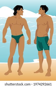 Two young athletic guys stand on the ocean and look at each other. Twins. Summer rest. Vector illustration.