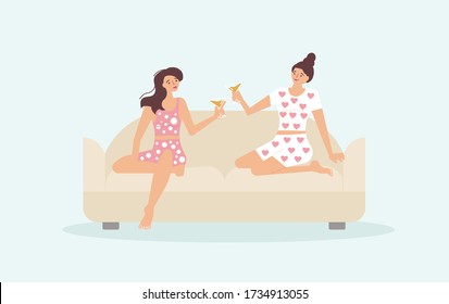 Two young beautiful girlfriends are sitting on the couch in their pajamas, drinking wine, chatting. Pajama party or pillow talking concept. Flat Art Vector Illustration