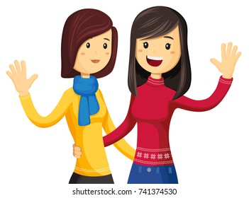 Two young beautiful girlfriends in winter sweaters and scarf hugging and waving their hands