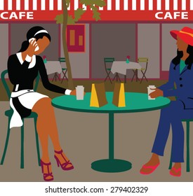 Two young beautiful girls sitting in urban cafe and drinking coffee 
