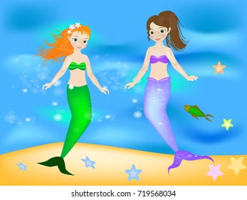  Two young beautiful mermaids swim in the sea. Cute fairy tale characters. 