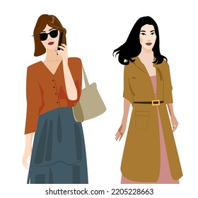Two young beautiful stylish girls on a white isolated background. Vector illustration of women in fashionable clothes. Fashionable image for autumn or spring. The girls wear fashionable dresses, bag 