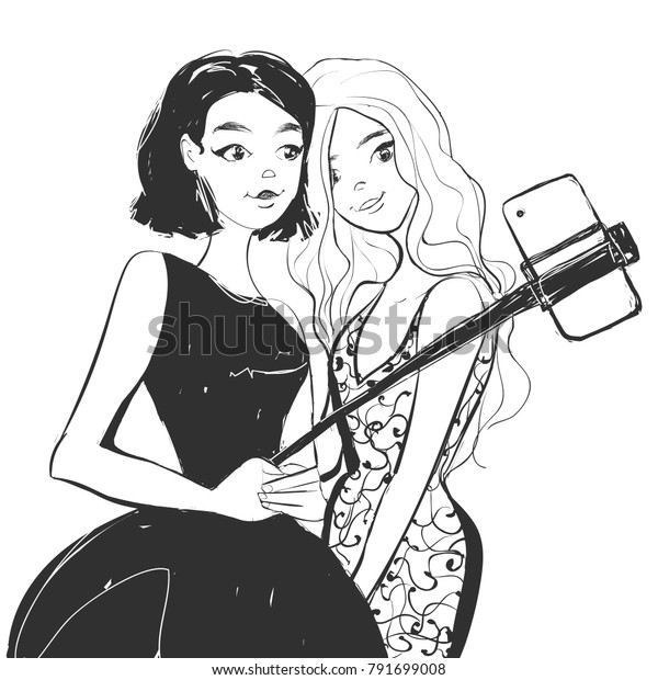 Two Young Beautiful Women Making Selfie Stock Vector Royalty Free