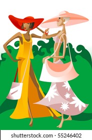 Two young beautiful women walking through the meadow in a forest