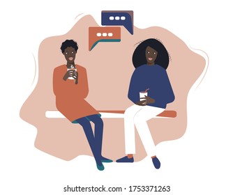 Two young black female adults talking to each other and drinking beverages. Conversation in a cafe, weekend activities. Flat vector illustration, clip art. Template design for poster, card, web, etc.