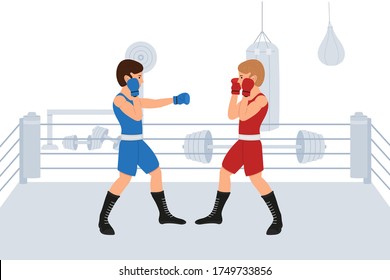 Zwei junge Boxer kämpfen im Ring. Cartoon-Figuren trainieren oder konkurrieren. Vektorgrafik gefährlicher Sport