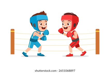 Two Young Boys in Boxing Gear Sparring in a Ring, Smiling and Engaging in Friendly Competition